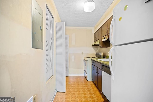 kitchen with range with electric cooktop, electric panel, white fridge, a textured ceiling, and dishwashing machine