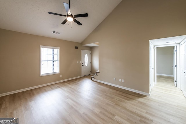 unfurnished living room featuring light wood-type flooring, high vaulted ceiling, and ceiling fan