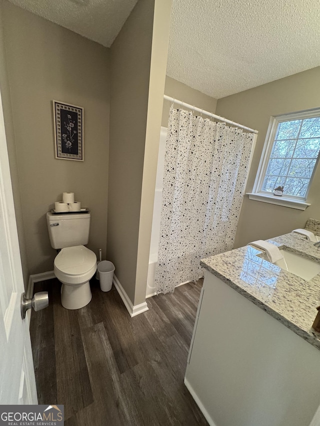 bathroom with wood-type flooring, vanity, a textured ceiling, and toilet