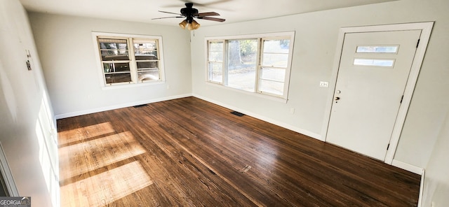 entrance foyer featuring dark hardwood / wood-style floors and ceiling fan