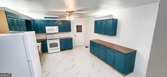 kitchen with white appliances, ceiling fan, and blue cabinets