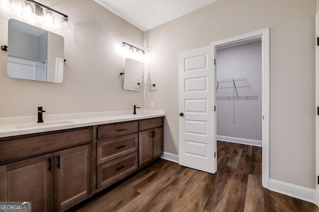 bathroom with hardwood / wood-style floors and vanity