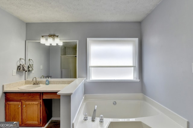 bathroom featuring a bathtub, vanity, and a textured ceiling