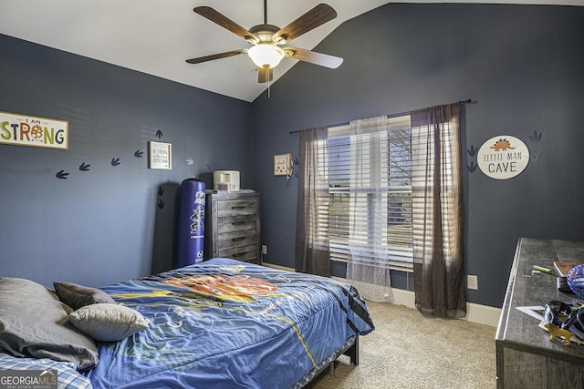 bedroom featuring ceiling fan, carpet floors, and lofted ceiling