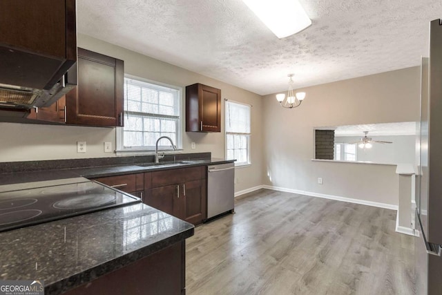 kitchen featuring sink, a healthy amount of sunlight, stainless steel dishwasher, pendant lighting, and ceiling fan with notable chandelier