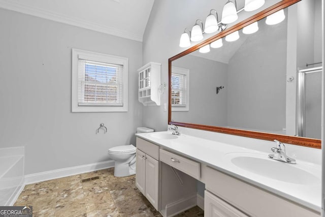 full bathroom featuring separate shower and tub, vanity, lofted ceiling, and toilet