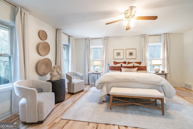 bedroom featuring ceiling fan and light wood-type flooring