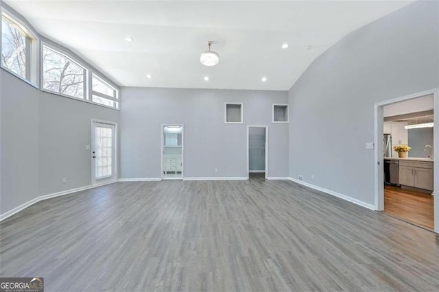 unfurnished living room featuring wood-type flooring, high vaulted ceiling, and sink