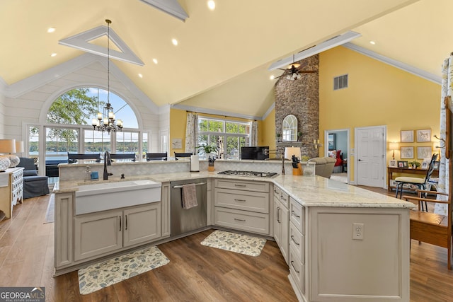 kitchen with light stone countertops, dark hardwood / wood-style flooring, stainless steel appliances, sink, and high vaulted ceiling