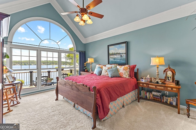 bedroom featuring a water view, ceiling fan, carpet, and high vaulted ceiling