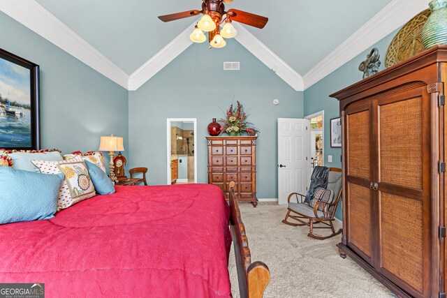 bedroom with ceiling fan, ensuite bath, high vaulted ceiling, crown molding, and light carpet