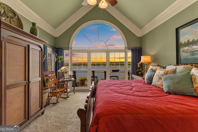 bedroom featuring light carpet, ceiling fan, lofted ceiling, and crown molding