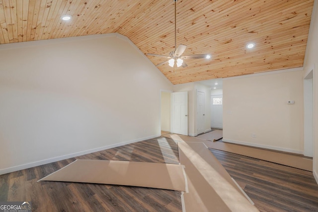 unfurnished room with lofted ceiling, dark wood-type flooring, ceiling fan, and wooden ceiling