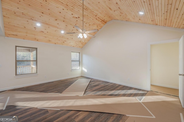 spare room featuring hardwood / wood-style floors, high vaulted ceiling, ceiling fan, and wood ceiling