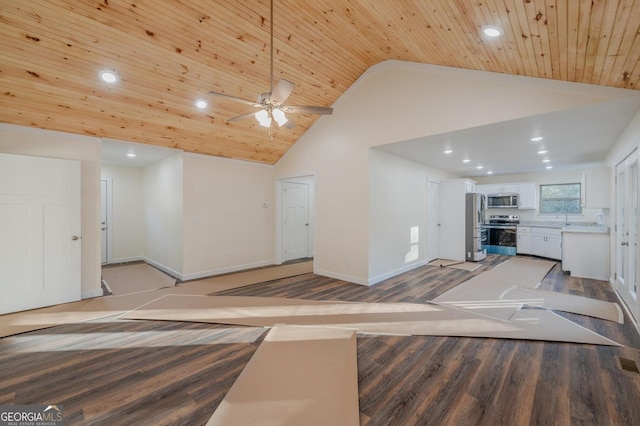 unfurnished living room with hardwood / wood-style floors, lofted ceiling, wooden ceiling, sink, and ceiling fan