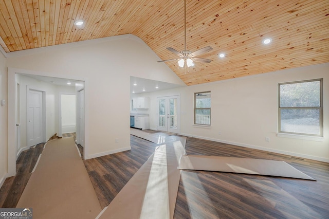 interior space with dark hardwood / wood-style floors, wooden ceiling, high vaulted ceiling, and french doors