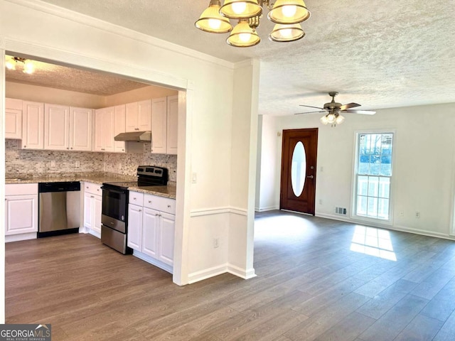 kitchen featuring appliances with stainless steel finishes, backsplash, ceiling fan with notable chandelier, white cabinets, and hardwood / wood-style floors