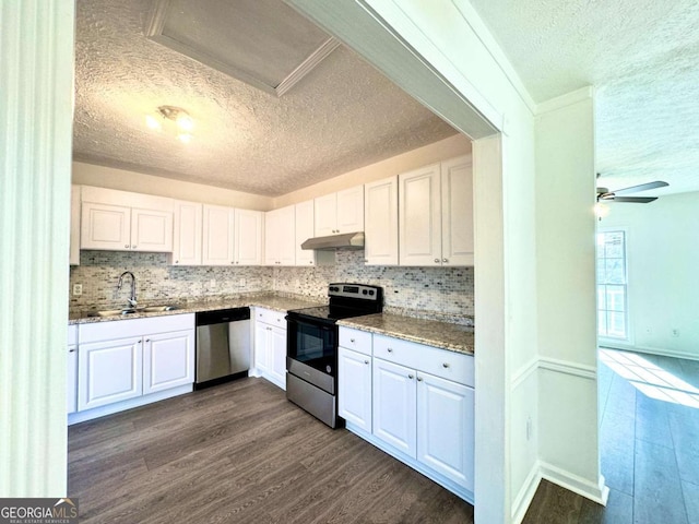 kitchen featuring sink, white cabinets, stainless steel appliances, and dark hardwood / wood-style floors