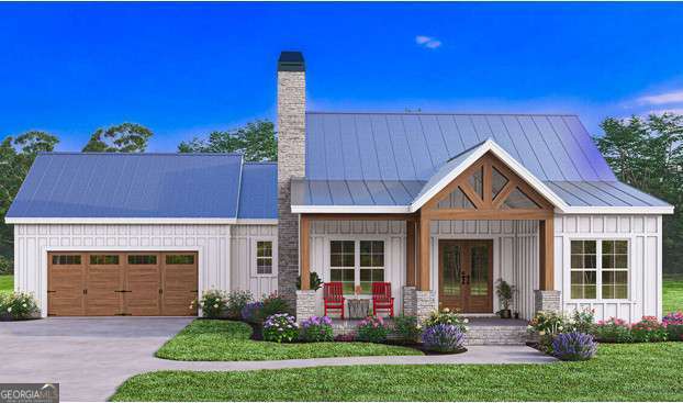 view of front of house featuring a front yard, french doors, a garage, and a porch