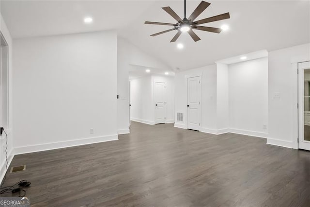 unfurnished living room featuring ceiling fan, dark hardwood / wood-style floors, and high vaulted ceiling