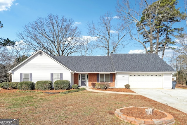 ranch-style home featuring a garage and a front lawn