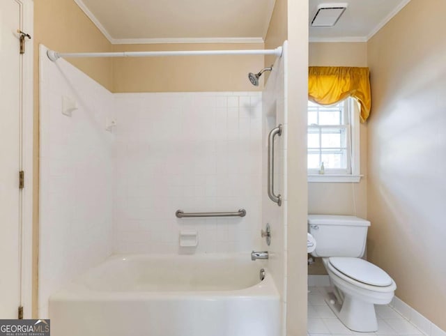 bathroom featuring tile patterned floors, crown molding, shower / bathing tub combination, and toilet