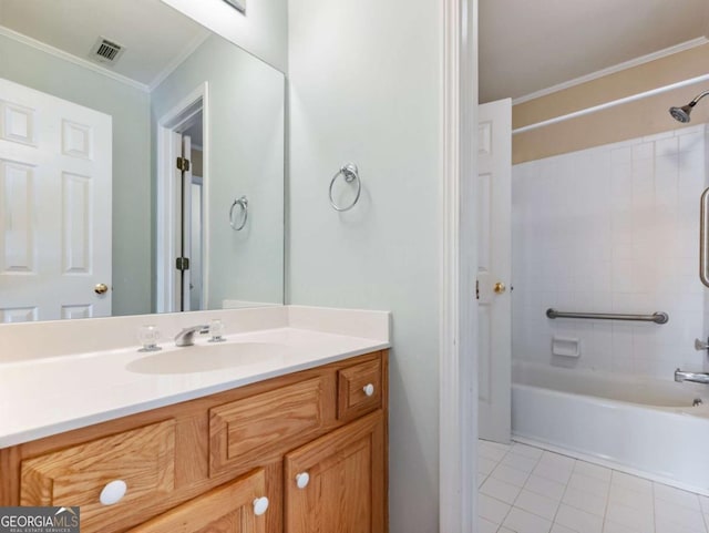 bathroom with tile patterned flooring, vanity, tub / shower combination, and crown molding