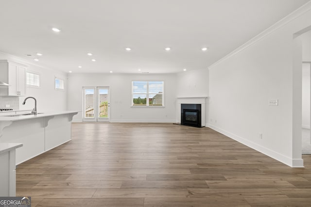 unfurnished living room featuring crown molding, sink, and dark hardwood / wood-style floors