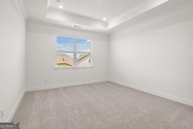 empty room with a tray ceiling, light carpet, and ornamental molding