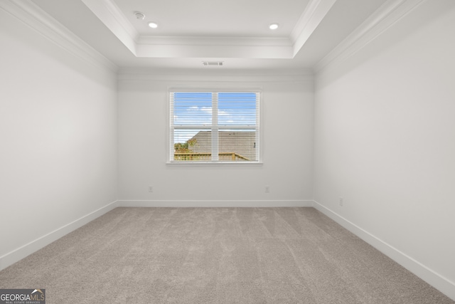 unfurnished room featuring a raised ceiling, crown molding, and light colored carpet