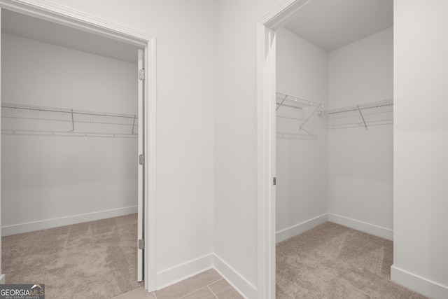 walk in closet with light colored carpet