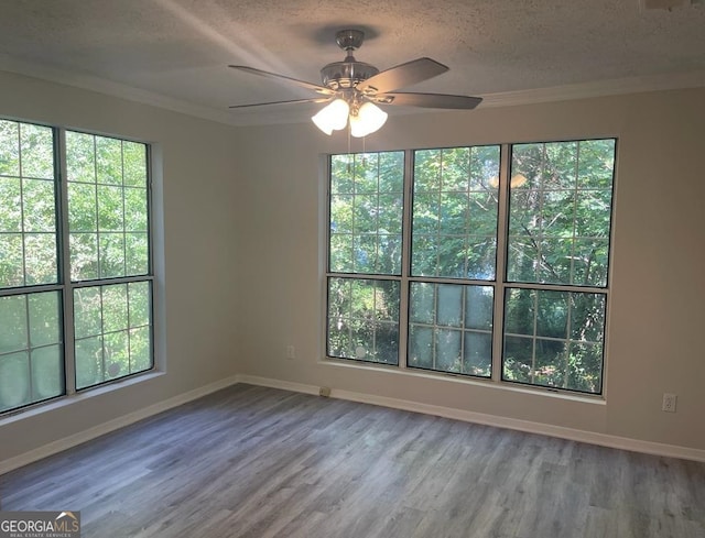 unfurnished room with a wealth of natural light, a textured ceiling, ceiling fan, and crown molding