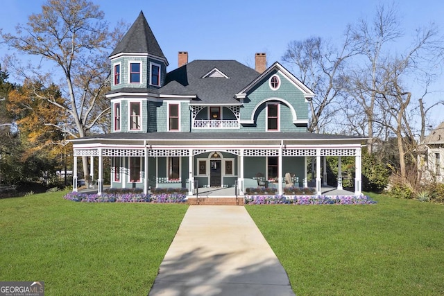 198 Dearing St, Athens, GA 30605 - victorian house with a shingled roof, a porch, a front lawn, and a chimney