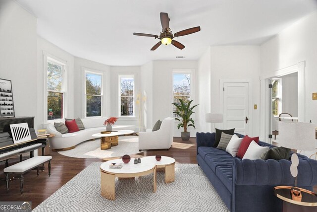 198 Dearing St, Athens, GA 30605 - living room featuring a ceiling fan, visible vents, and dark wood-style flooring