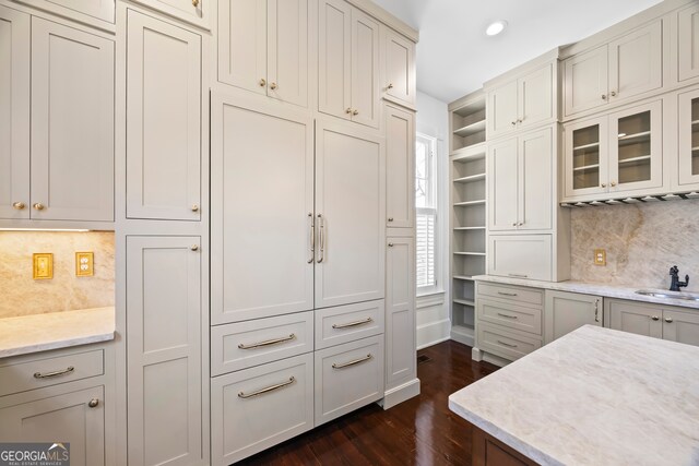 198 Dearing St, Athens, GA 30605 - kitchen with tasteful backsplash, dark wood-style flooring, recessed lighting, open shelves, and light stone countertops