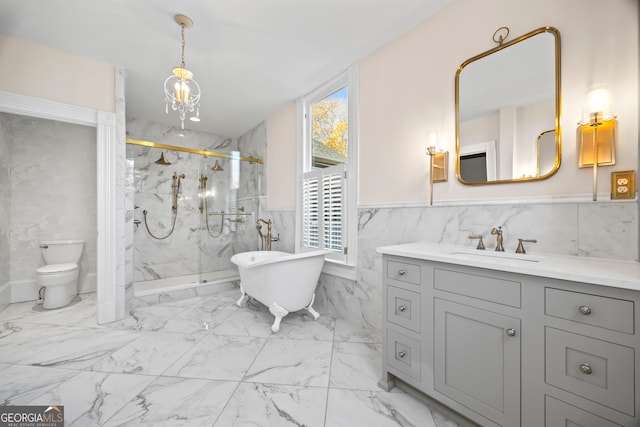 full bathroom with toilet, vanity, separate shower and tub, and a wealth of natural light