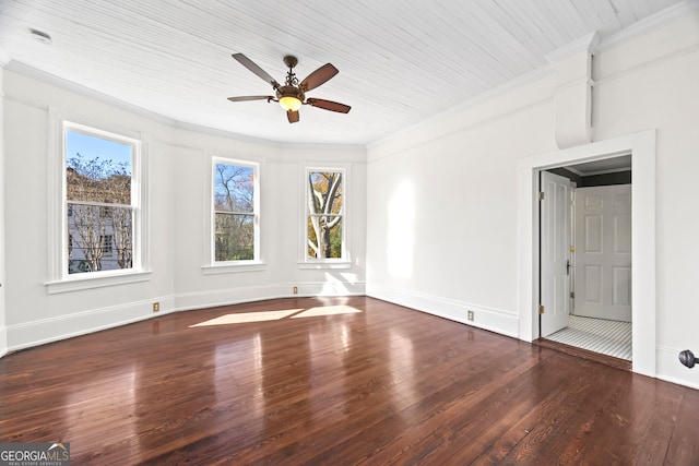 unfurnished room with ceiling fan, crown molding, dark wood-type flooring, and wooden ceiling