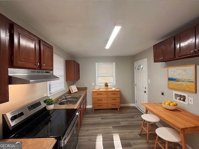 kitchen with sink, dark hardwood / wood-style flooring, and electric stove