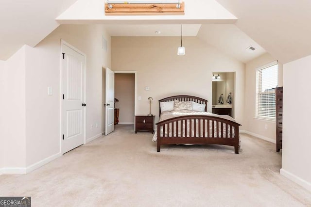 bedroom featuring carpet flooring and vaulted ceiling