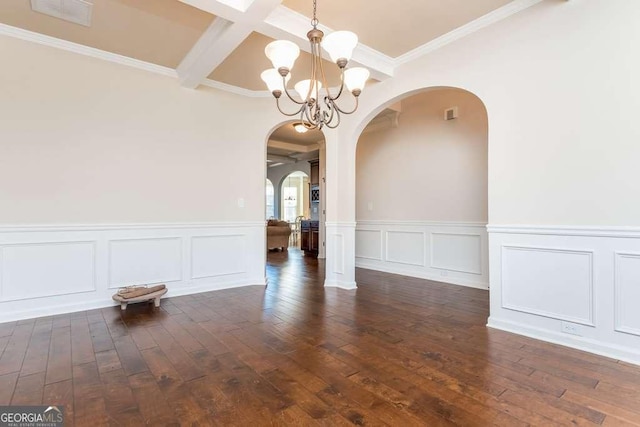 unfurnished dining area with crown molding, beamed ceiling, dark hardwood / wood-style floors, and an inviting chandelier