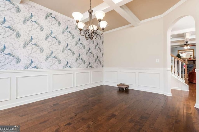 unfurnished dining area featuring beam ceiling, dark wood-type flooring, crown molding, and coffered ceiling