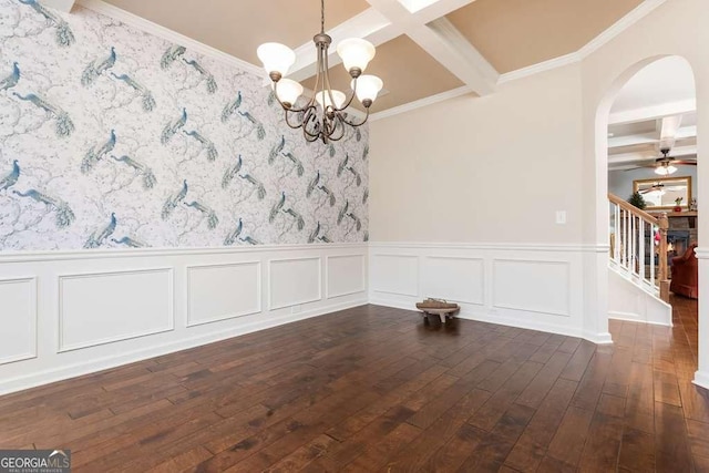 unfurnished dining area featuring dark hardwood / wood-style flooring, beamed ceiling, coffered ceiling, and ornamental molding