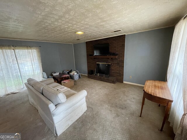 living room with carpet flooring, a wood stove, and a textured ceiling