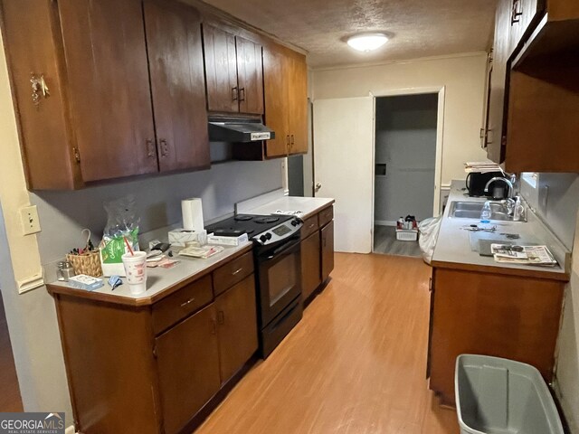 kitchen featuring black electric range, light hardwood / wood-style flooring, a textured ceiling, and sink