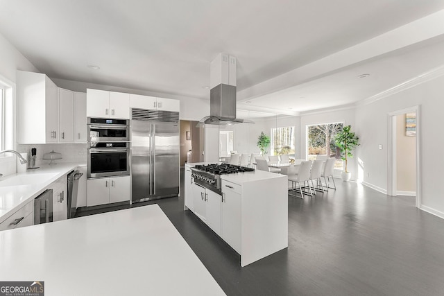 kitchen with stainless steel appliances, a kitchen island, island range hood, sink, and white cabinetry