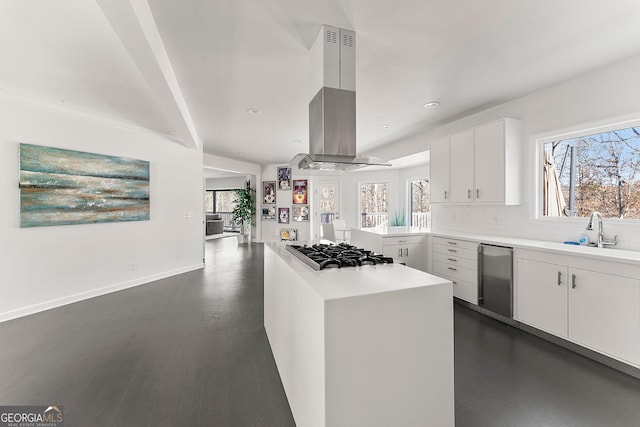 kitchen featuring appliances with stainless steel finishes, sink, exhaust hood, white cabinets, and plenty of natural light