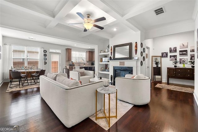 living room featuring beamed ceiling, ceiling fan, dark hardwood / wood-style floors, and coffered ceiling