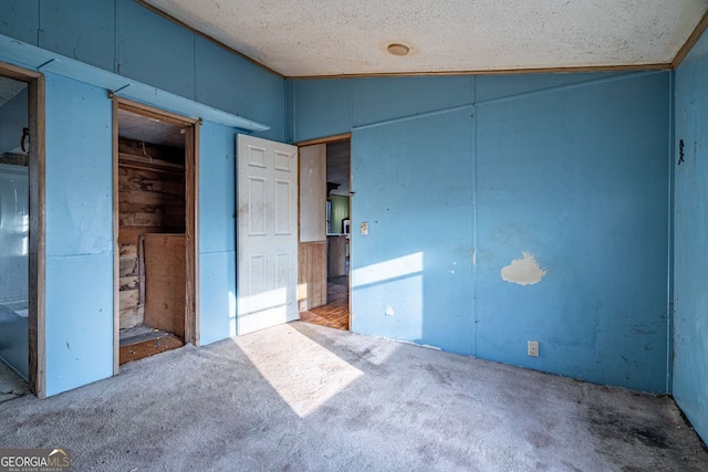 carpeted spare room with crown molding, lofted ceiling, and a textured ceiling