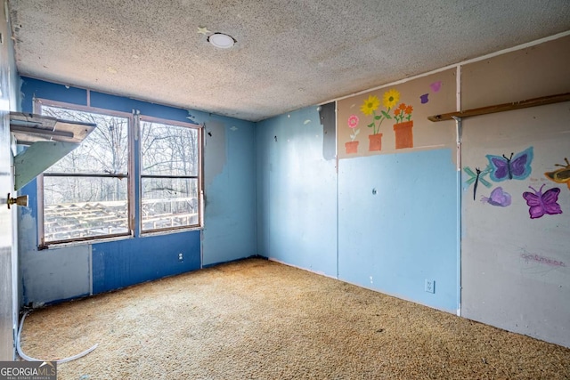 unfurnished room with carpet and a textured ceiling