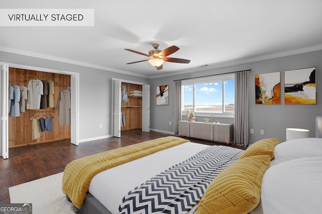 bedroom featuring ceiling fan, dark hardwood / wood-style floors, and crown molding